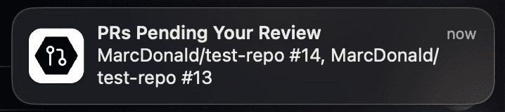 Screenshot of a native MacOS notification with details about PRs pending review