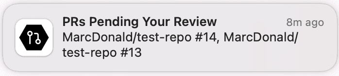 Screenshot of a native MacOS notification with details about PRs pending review